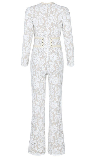 One To Watch <br><span>White Sheer Mesh Lace Floral Pattern Long Sleeve Round Neck Flare Leg Bodycon Jumpsuit</span>