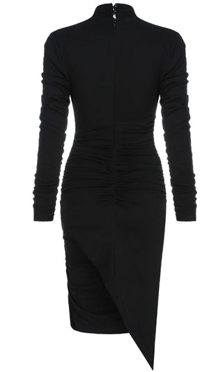 Main Event Black Long Sleeve Mock Neck Cut Out Ruched Asymmetric Bodycon Midi Dress