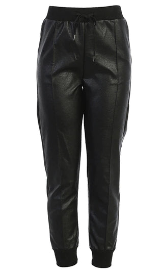Driving On PU Faux Leather Drawstring Waist Skinny Jogger Pant