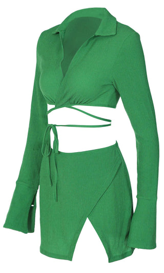 Hot Spot <br><span>Green Long Sleeve Cross Wrap V Neck Crop Top Split Wrap Bodycon Two Piece Casual Mini Dress</span>