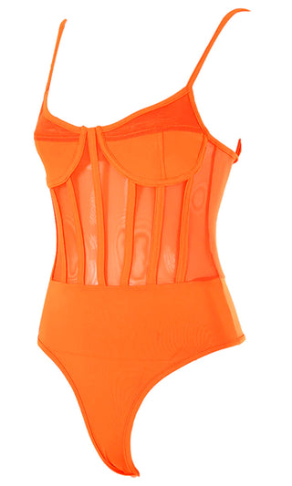 Risky Encounter Orange Sheer Mesh Sleeveless Spaghetti Strap V Neck Bustier Bodysuit Top