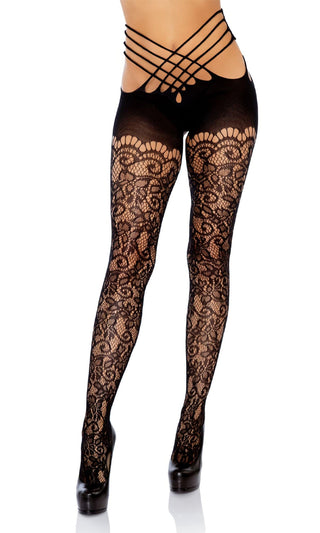 Cut You Out<br><span>Black Sheer Mesh Lace Strappy Open Back Tights Pantyhose</span>