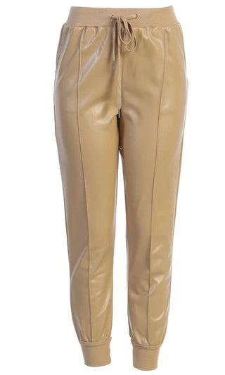 Driving On PU Faux Leather Drawstring Waist Skinny Jogger Pant