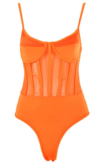 Risky Encounter Orange Sheer Mesh Sleeveless Spaghetti Strap V Neck Bustier Bodysuit Top