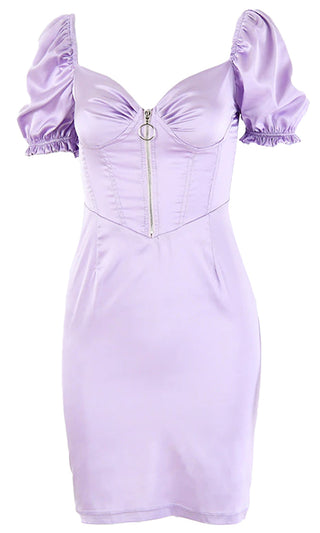 Ray Of Sunshine Satin Purple Short Puff Sleeves Sweetheart Neck Zip Front Bustier Bodycon Mini Dress