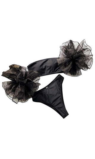 Show Your Glamour <br><span>  Black Ruffle Short Sleeves Bandeau Top High Waist Brazilian Two Piece Swimsuit Bikini</span>