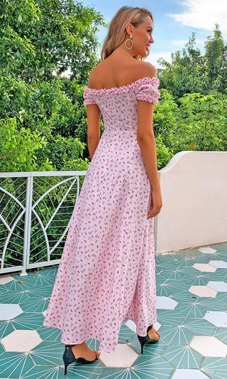 My Sweet Pink Floral Pattern Short Sleeve Strapless Off The Shoulder V Neck Ruffle Side Slit Casual A Line Maxi Dress
