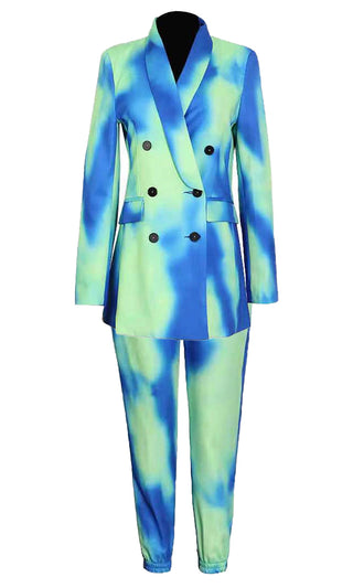 Bold Statement <br><span>Blue Tie Dye Pattern Long Sleeve Double Breasted Blazer Jacket Elastic Waist Pant Two Piece Jumpsuit Set</span>