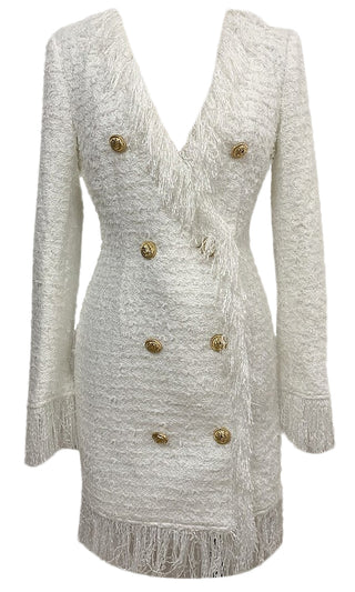Walk Downtown White Gold Button Long Sleeve V Neck Double Breasted Fringe Tassel Blazer Mini Dress