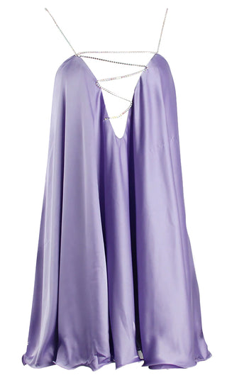 Enchanted Glitz Lavender Purple Satin Sleeveless Spaghetti Strap Deep V Neck Criss Cross Lace Up Open Back A Line Ruffle Hem Shift Mini Dress