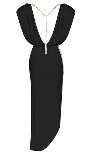 Pure Romance Black Padded Shoulder Short Sleeve Boat Neck Ruched Draped Gold Chain High Low Side Slit Midi Dress