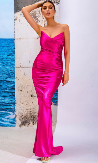 Hollywood Legend <br><span>Pink Satin Strapless Cross Wrap V Neck Draped Slim Column Maxi Dress</span>