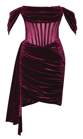 Need Someone New <br><span>Burgundy Velvet Sheer Mesh Draped Off The Shoulder Scoop Neck Ruched Bodycon Mini Dress</span>