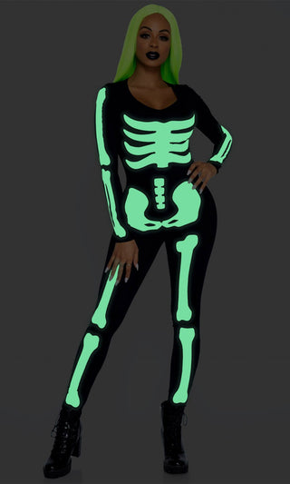 Glow Up <br><span>Black White Skeleton Glow In The Dark Long Sleeve V Neck Bodycon Skinny Catsuit Jumpsuit Halloween Costume</span>