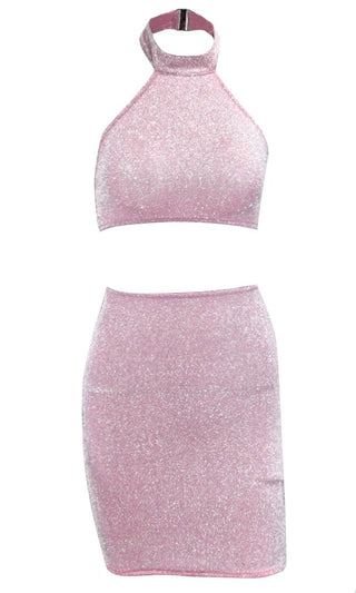 After Dinner Sparkle Sleeveless Mock Neck Halter Crop Top Bodycon Two Piece Mini Dress - 4 Colors Available