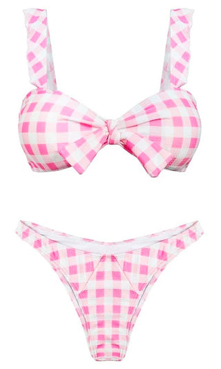Malibu Barbie <br><span> Pink White Gingham Plaid Pattern Sleeveless Ruffle Tie Front Brazilian Two Piece Bikini Swimsuit</span>