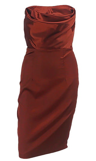 One More Night Brown Satin Strapless Draped Sweetheart Neck Bodycon Midi Dress - 3 Colors Available