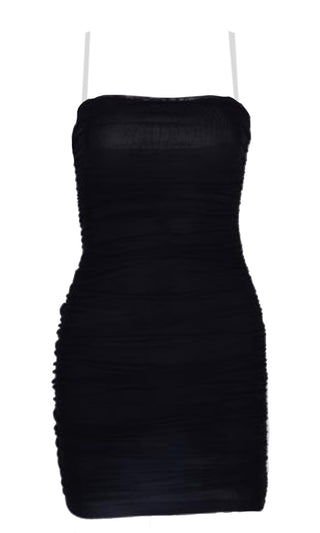 Time To Get Down Black Sleeveless Mesh Clear Spaghetti Strap Ruched Bodycon Mini Dress
