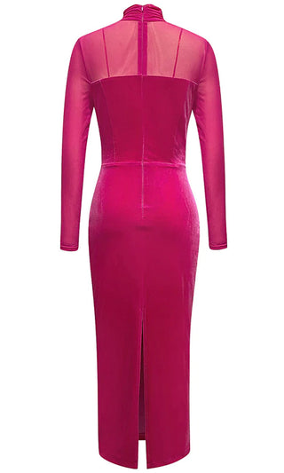 Keep Me Close <br><span>Fuchsia Pink Velvet Sheer Mesh Long Sleeve Mock Neck Bodycon Midi Dress</span>
