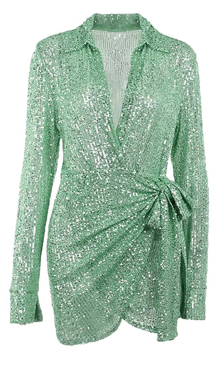 Shimmer Baby Green Sequin Long Sleeve Collar Plunge V Neck Faux Wrap Tie Waist Mini Dress