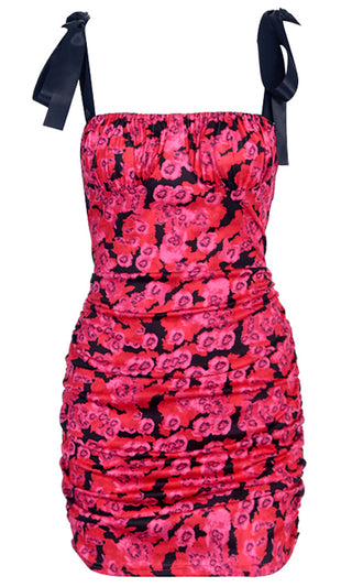 Good Catch Pink Black Floral Pattern Sleeveless Tie Strap Square Neck Ruched Bodycon Mini Dress