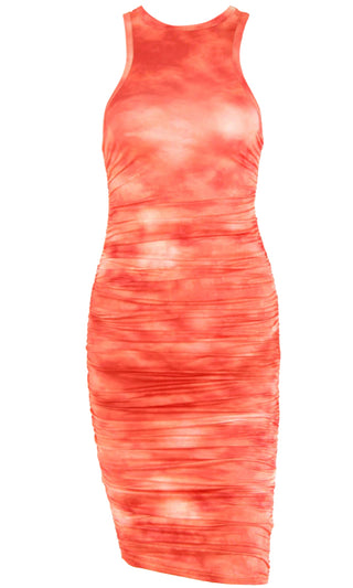 Out For Hearts Orange Tie Dye Pattern Sleeveless Round Neck Racerback Ruched Bodycon Midi Dress