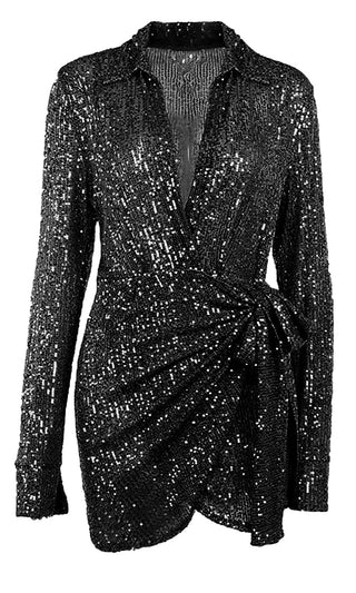 Shimmer Baby <br><span> Black Sequin Long Sleeve Collar Plunge V Neck Faux Wrap Tie Waist Mini Dress</span>