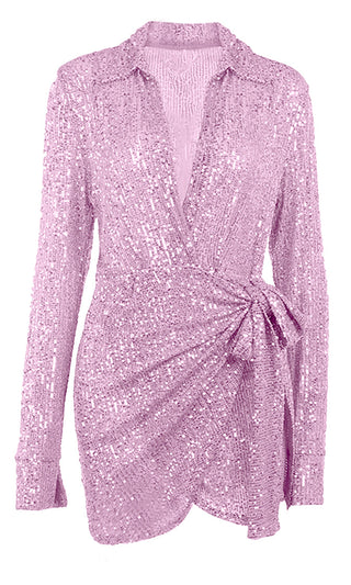 Shimmer Baby <br><span>Pink Sequin Long Sleeve Collar Plunge V Neck Faux Wrap Tie Waist Mini Dress</span>
