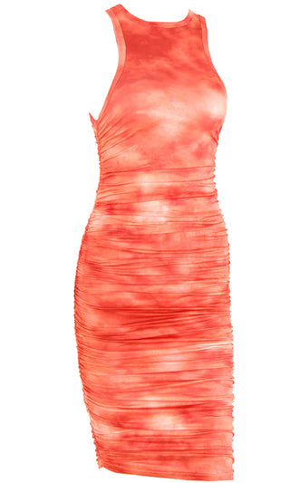 Out For Hearts Orange Tie Dye Pattern Sleeveless Round Neck Racerback Ruched Bodycon Midi Dress