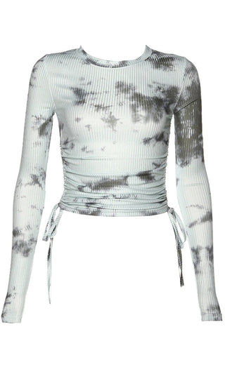 Attitude Always Tie Dye Pattern Ribbed Long Sleeve Crew Neck Ruched Crop Top