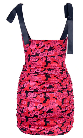 Good Catch Pink Black Floral Pattern Sleeveless Tie Strap Square Neck Ruched Bodycon Mini Dress