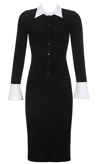 On The Plaza <br><span>Black White Long Sleeve Contrast Collar Button Bodycon Midi Dress</span>