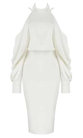 Another Idea Off White Long Sleeve Cold Shoulder Cut Out Mock Neck Draped Pearl Backless Bodycon Midi Dress