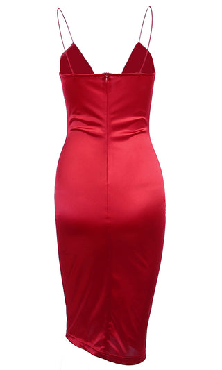 Evening Romance Red Satin Sleeveless Spaghetti Strap Plunge V Neck Bodycon Midi Dress