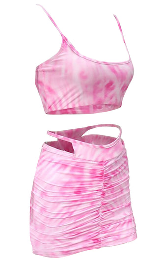 Show Me Off Tie Dye Pink Pattern Sleeveless Spaghetti Strap Scoop Neck Crop Thong Top Ruched Bodycon Mini Skirt Two Piece Dress