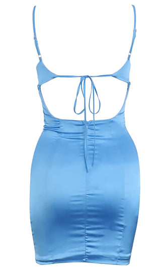So Unreal Blue Satin Sleeveless Spaghetti Strap Cross Wrap V Neck Cut Out Back Bodycon Mini Dress
