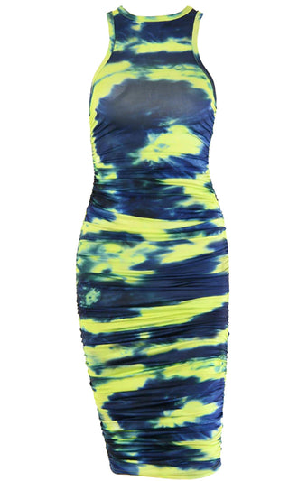 Out For Hearts Neon Green Blue Tie Dye Pattern Sleeveless Round Neck Racerback Ruched Bodycon Midi Dress