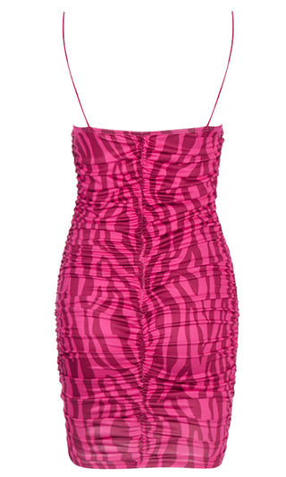 Going Wild <br><span>Zebra Stripe Print Pattern Hot Pink Fuchsia Ruched Bodycon Square Neck Spaghetti Strap Sleeveless Mini Bodycon Dress - Inspired by Kendall Jenner</span>