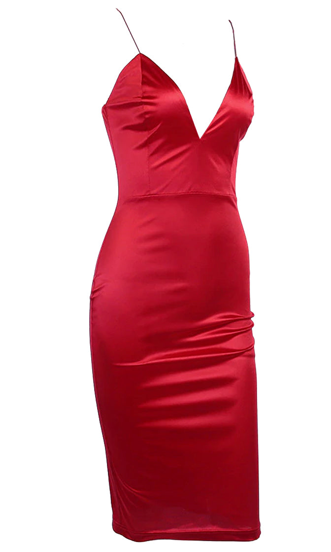 Evening Romance Red Satin Sleeveless Spaghetti Strap Plunge V Neck Bod ...