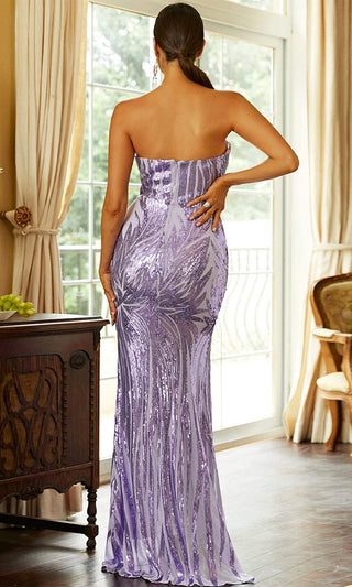 Diva In Training <br><span>Purple Sequin Geometric Pattern Strapless Sweetheart Neck High Slit Maxi Dress</span>