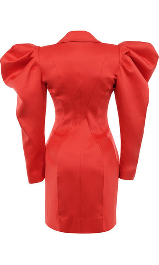 In The Spotlight Red Satin Puff Long Sleeve Shoulder Double V Neck Blazer Breasted Bodycon Mini Dress