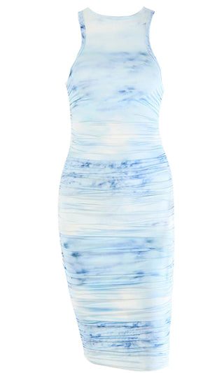 Out For Hearts Neon Green Blue Tie Dye Pattern Sleeveless Round Neck Racerback Ruched Bodycon Midi Dress