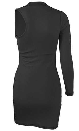 By My Side Black One Long Sleeve Slash Neck Cut Out Asymmetric Stretchy Bodycon Mini Dress