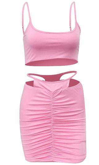 Show Me Off Tie Dye Pink Pattern Sleeveless Spaghetti Strap Scoop Neck Crop Thong Top Ruched Bodycon Mini Skirt Two Piece Dress