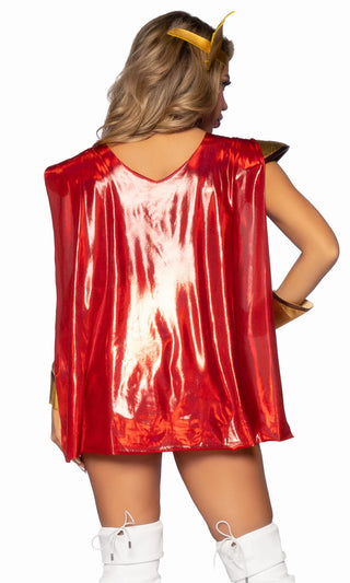 Mighty And Powerful <br><span>White Gold Red Sleeveless Plunge V Neck Bodysuit Cape Sheer Mesh Skirt Four Piece Halloween Costume Set</span>