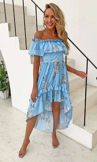 Falling Overboard Blue White Floral Pattern Short Sleeve Off The Shoulder Ruffle High Low Casual Maxi Dress