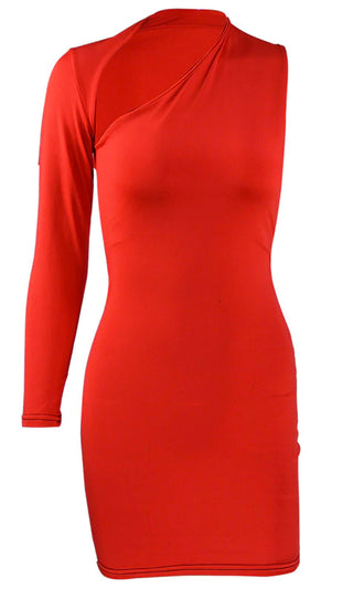 By My Side Red One Long Sleeve Slash Neck Cut Out Asymmetric Stretchy Bodycon Mini Dress