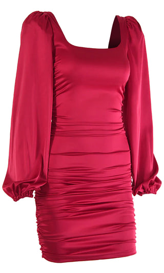 She's Got The Look Satin Long Puff Sleeve Square Neck Ruched Bodycon Mini Dress