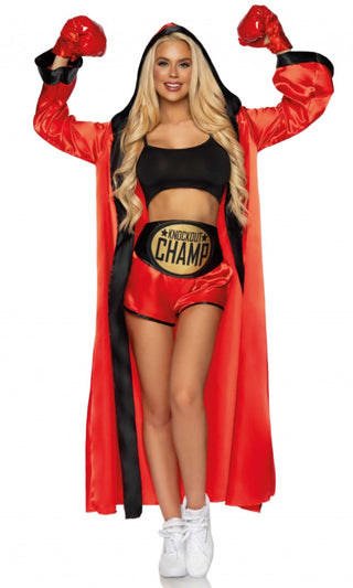 Always A Knockout <br><span>Black Red Crop Top Shorts Hooded Robe 5 Piece Halloween Costume</span>