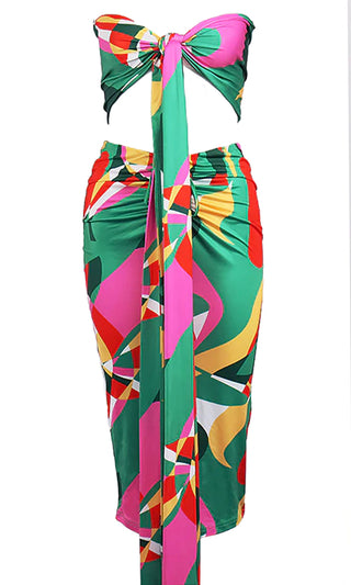 I Deserve Everything Green Geometric Pattern Multi Way Convertible Crop Top Ruched Drawstring Bodycon Midi Skirt Two Piece Dress